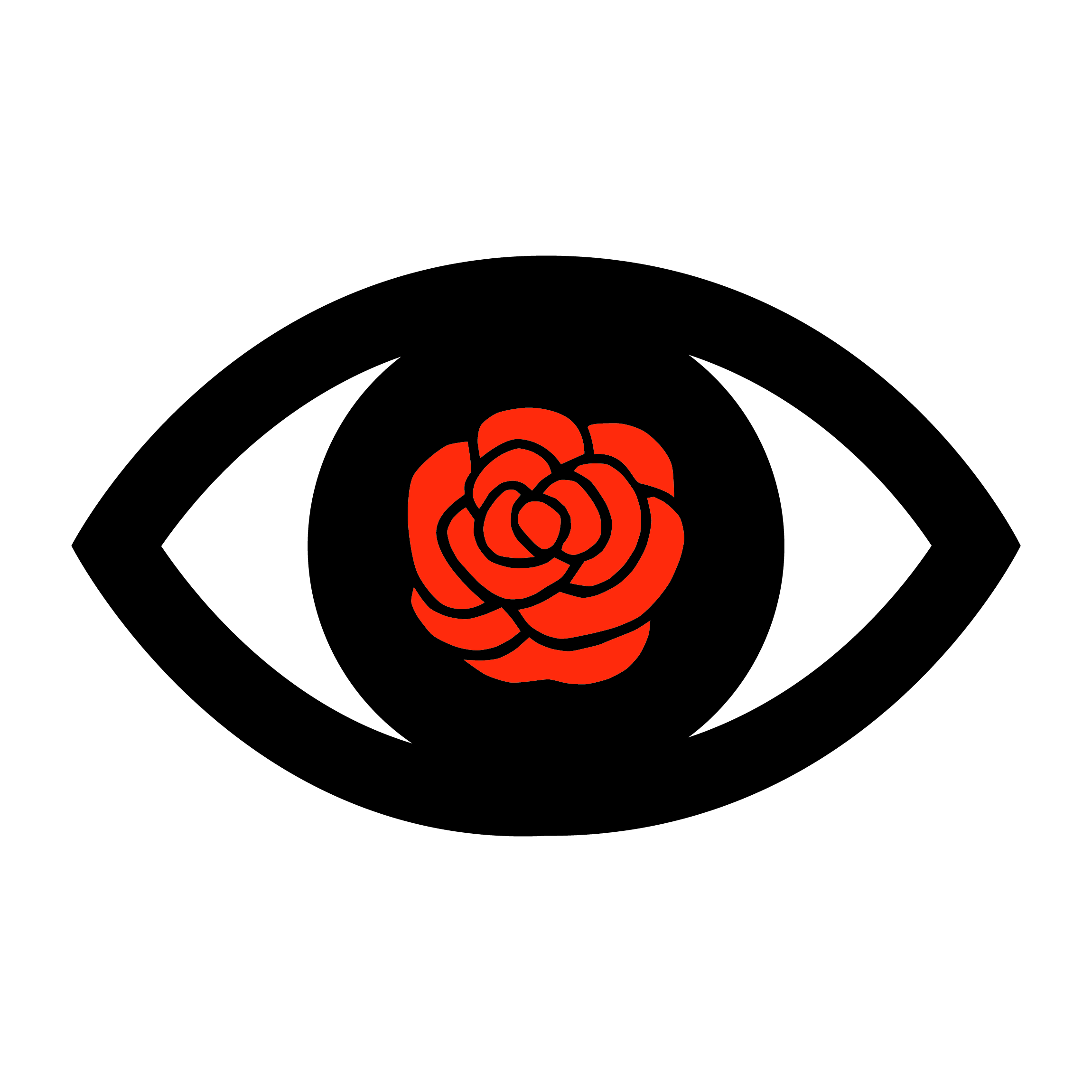 The outline of an eye in black. Overlaid in the middle is a red rose.